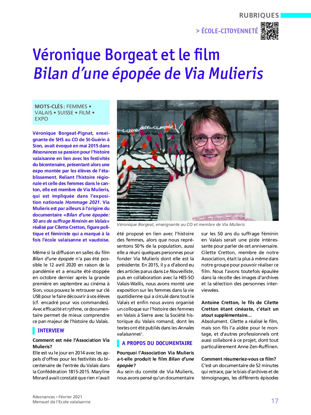 Interview de Véronique Borgeat à propos du film Bilan d’une épopée et de Via Mulieris