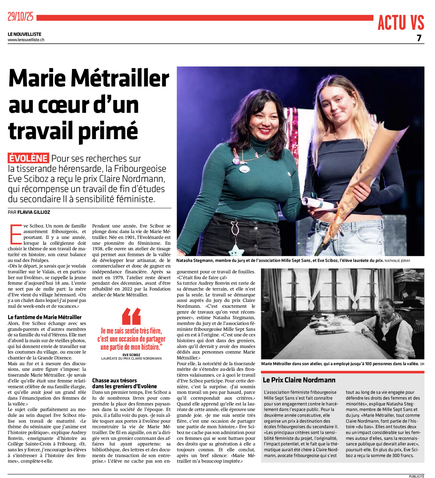 Eve Sciboz reçoit le prix Claire Nordmann pour ses recherches sur Marie Métrailler, tisserande hérensarde